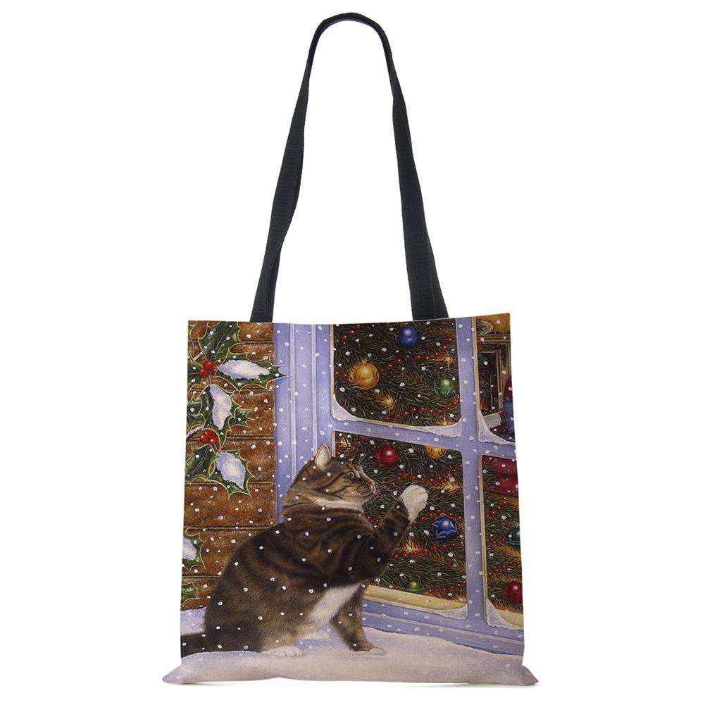 Cute Cat Flower Painting Print Womens Designer Tote Bags Women Handbag Large Shopping Bag Foldable For Groceries CLE