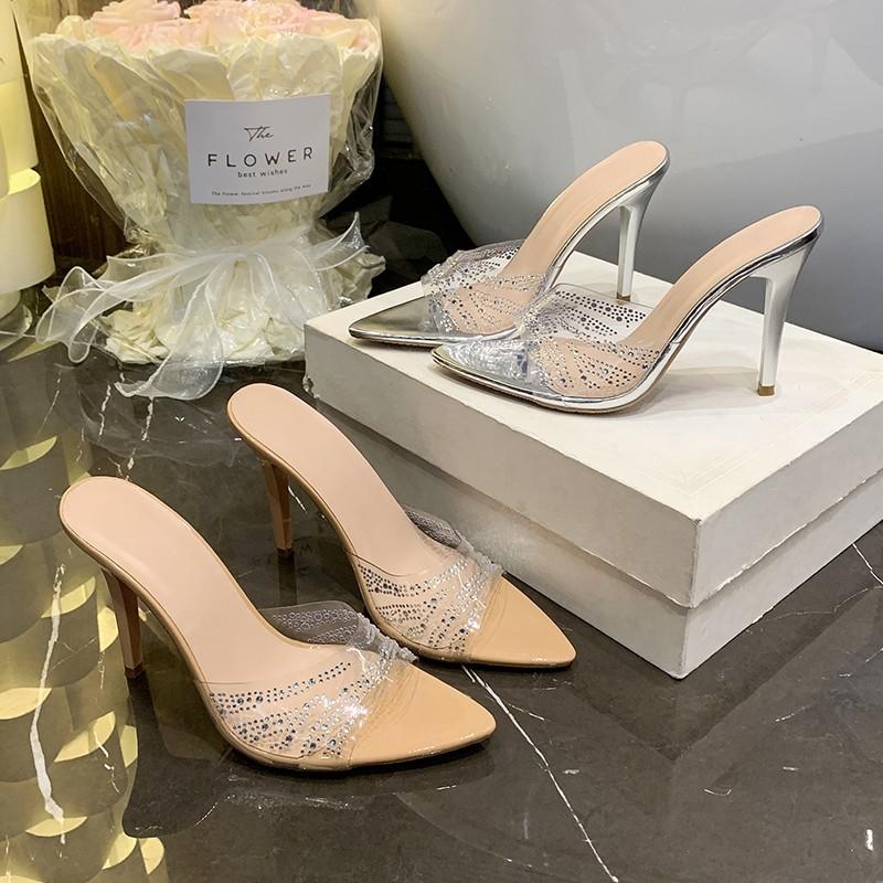 Летние женские шлепанцы на тонком каблуке со стразами, на высоком каблуке, под юбки, с острым носком, модные и не утомительные для повседневной носки