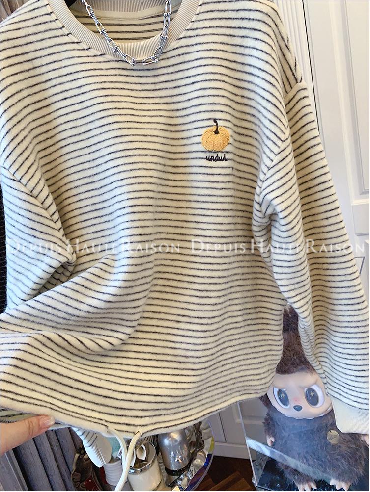 Korean Style Embroidered Pumpkin Stripe Long Sleeve Women's Plus Size Casual Top