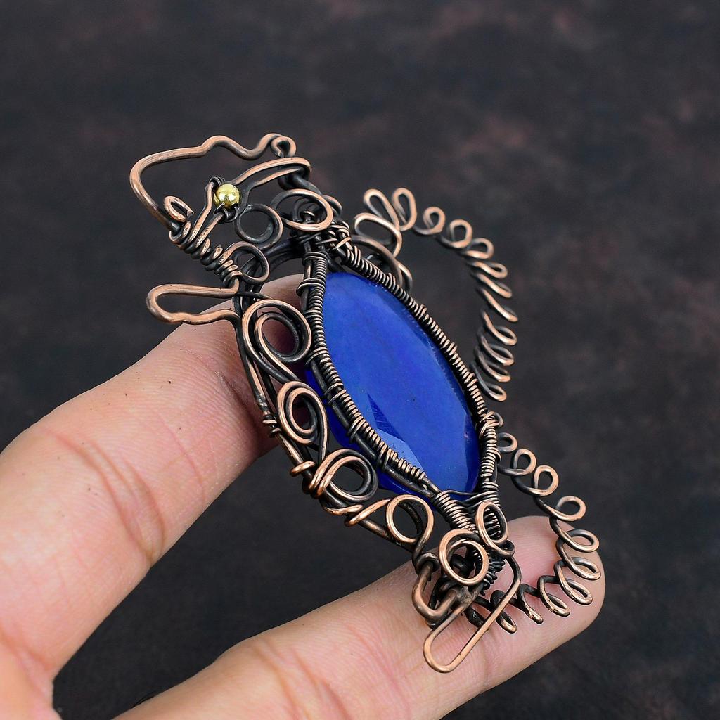Граненый кулон из синего сапфира, кулон, обернутый медной проволокой, кулон с драгоценным камнем в виде кролика, ювелирные изделия с проволочным дизайном, медные ювелирные изделия ручной работы, подарки для нее