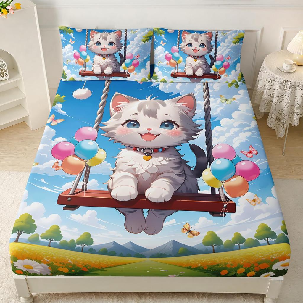 Милый кошачий узор Матрас Комплект из трех предметов Матрас с цифровой печатью Постельное белье Взрослые Дети