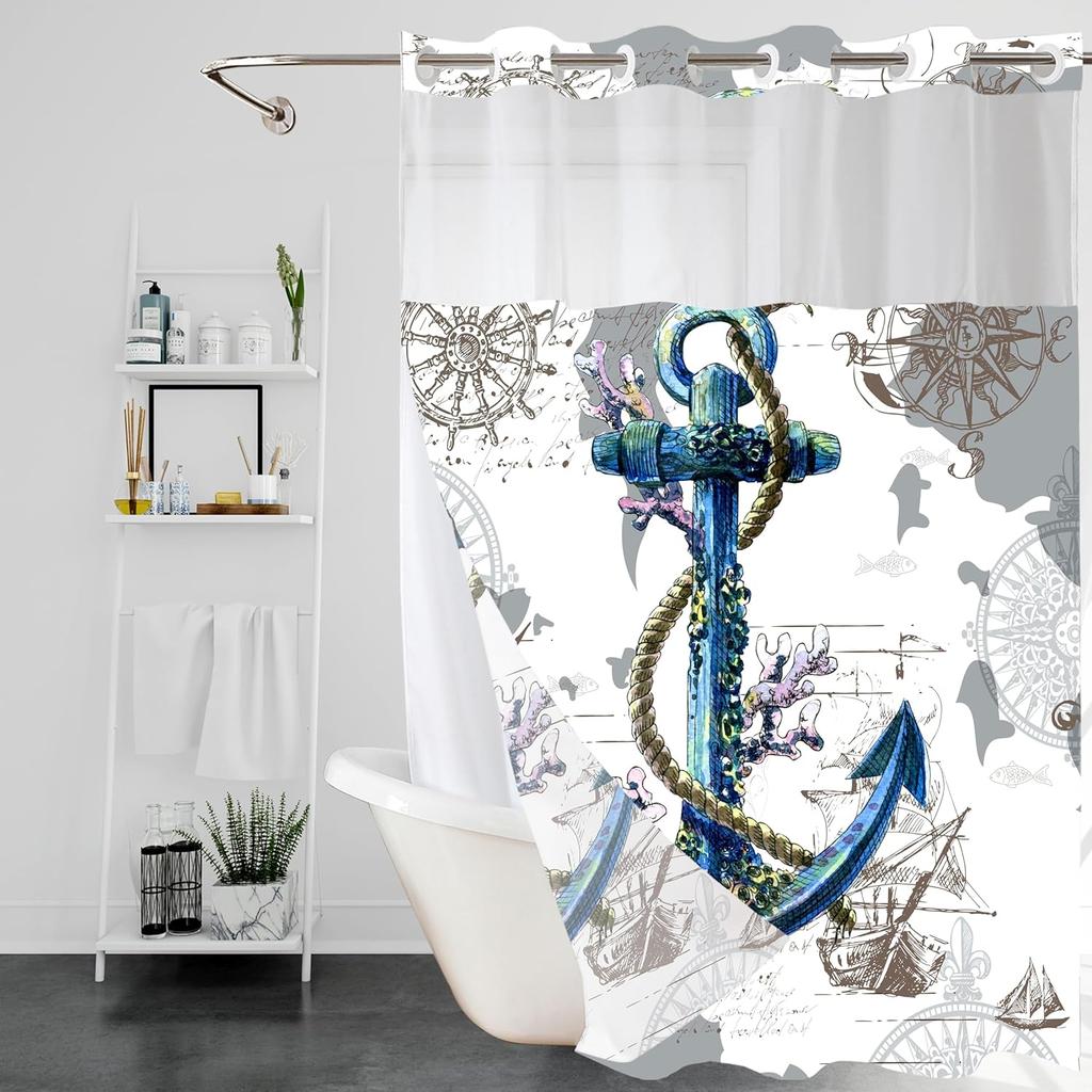 Морская шторка для душа без крючков со вставной подкладкой, Якорь Штурвал Корабля Гостиничные Шторы для Ванной Декоративные для Ванной Комнаты, Океанский Прибрежный Морской Домашний Декор,