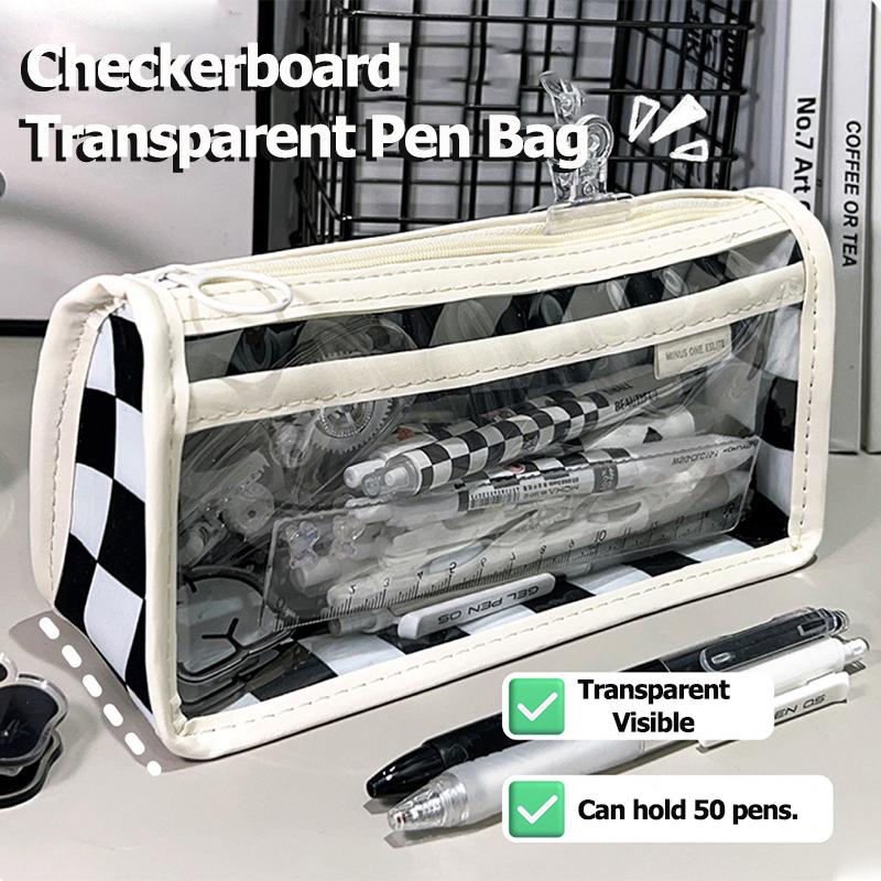 1 Pc Checkerboard Tranaparent Pen Bag Large Capacity Pencil Case School Supplies Cute Korean Stationery for Students ZPG