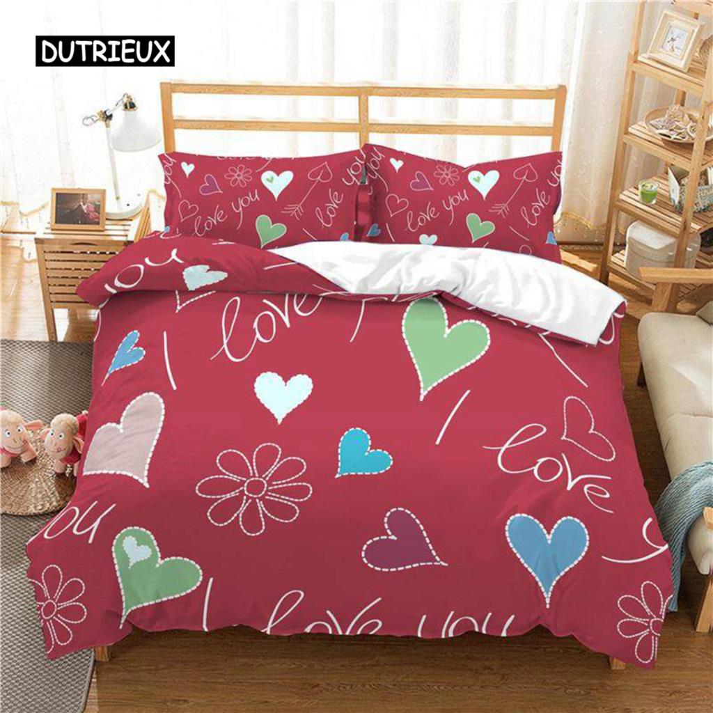 3D Love Heart Duvet Cover Microfiber Romantic Love Affection Theme Bedding Set King Full For Kids Teen Valentines Day Room Decor