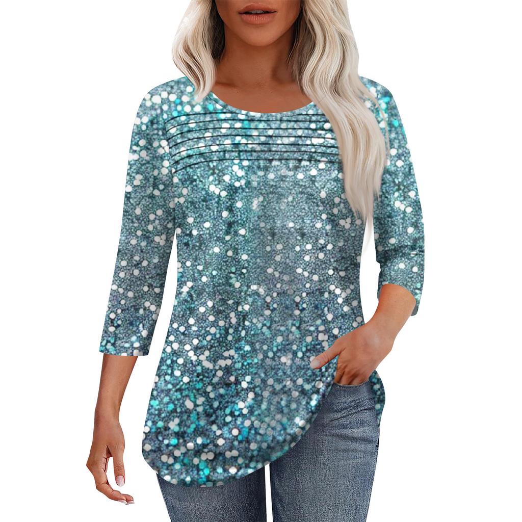 Женская мода круглый вырез горловины плиссированная передняя планка топ рукав 3/4