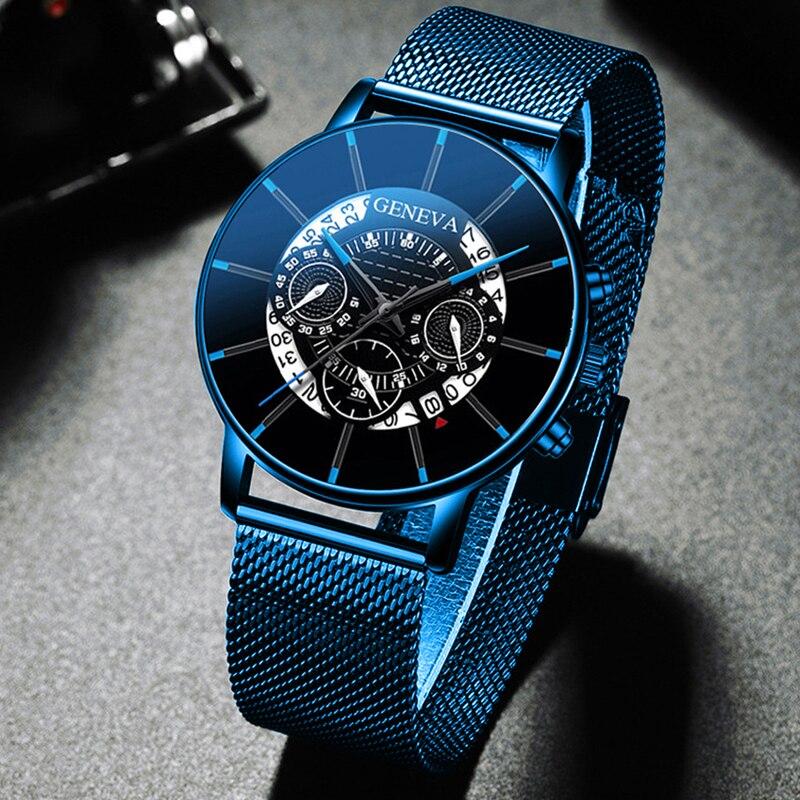 Luxury Men 'S Fashion Business Calendar Watches Blue Stainless Steel Mesh Belt Analog Quartz Watch Relogio Masculino Mens Watch