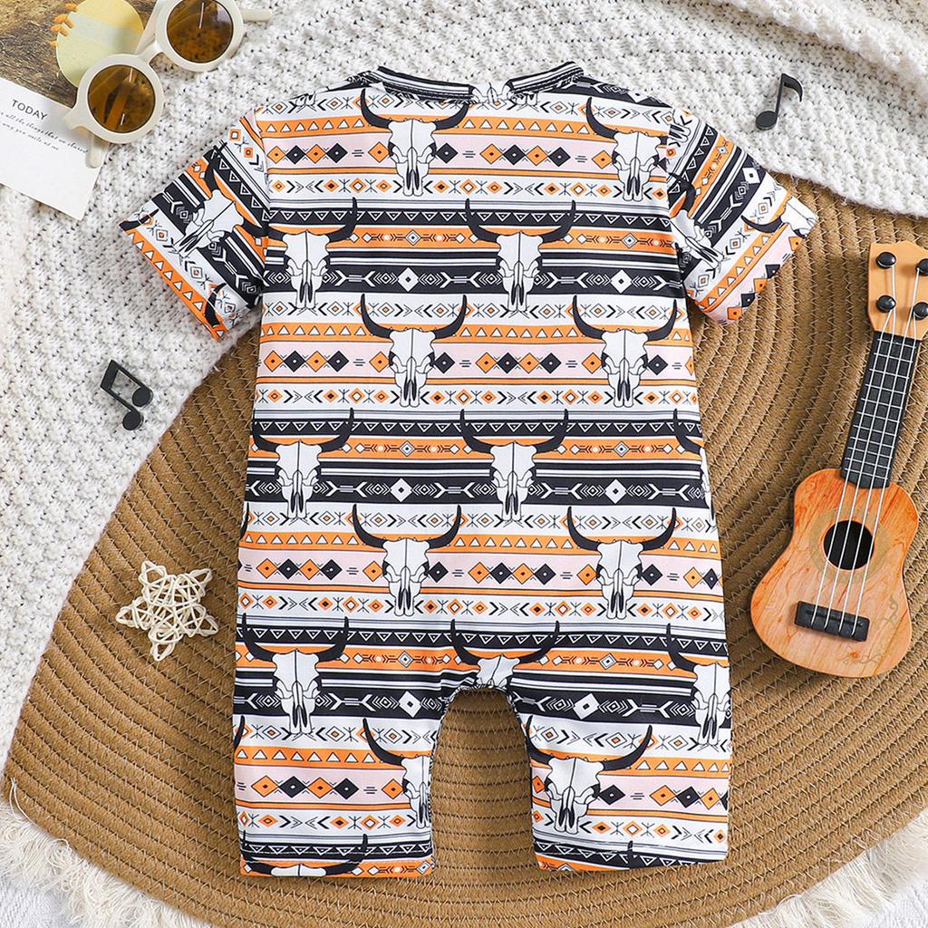 Infant Baby Cow Skull Stripe Geometric Print Romper Casual Style Short Sleeve Jumpsuit