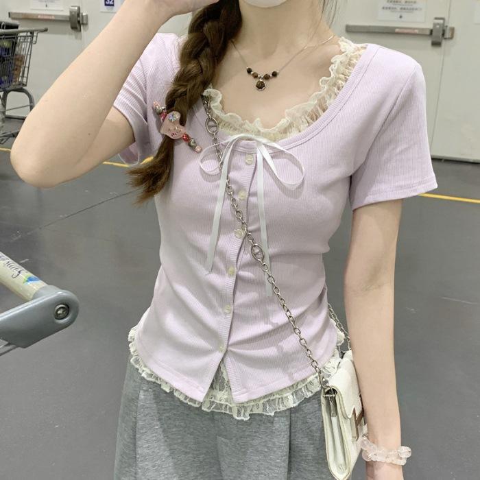 New spring and summer Korean version pure lace lace fake two-piece button design short-sleeved women's top versatile
