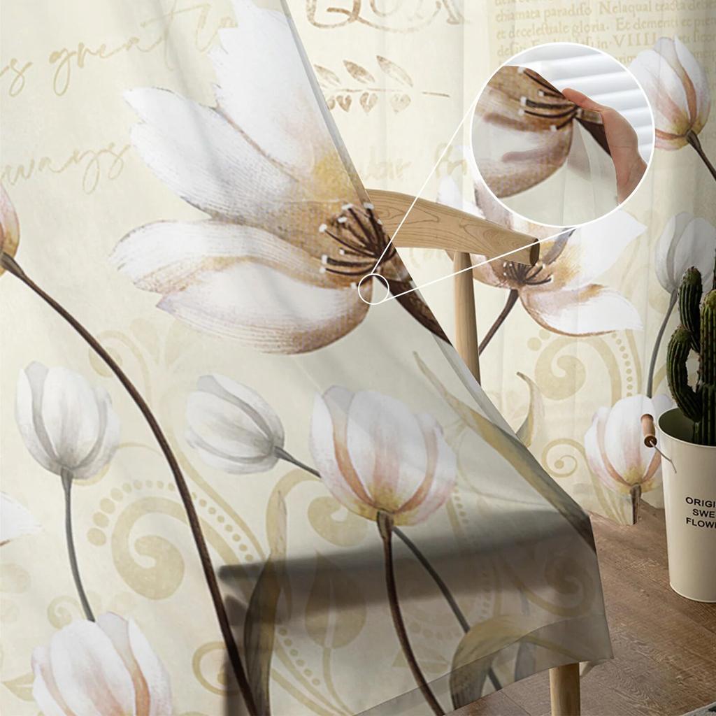 Flower Retro Tulip Plant Pastoral Style Bedroom Transparent Sheer Curtains Holiday Decoration Window Voile Tulle Curtain