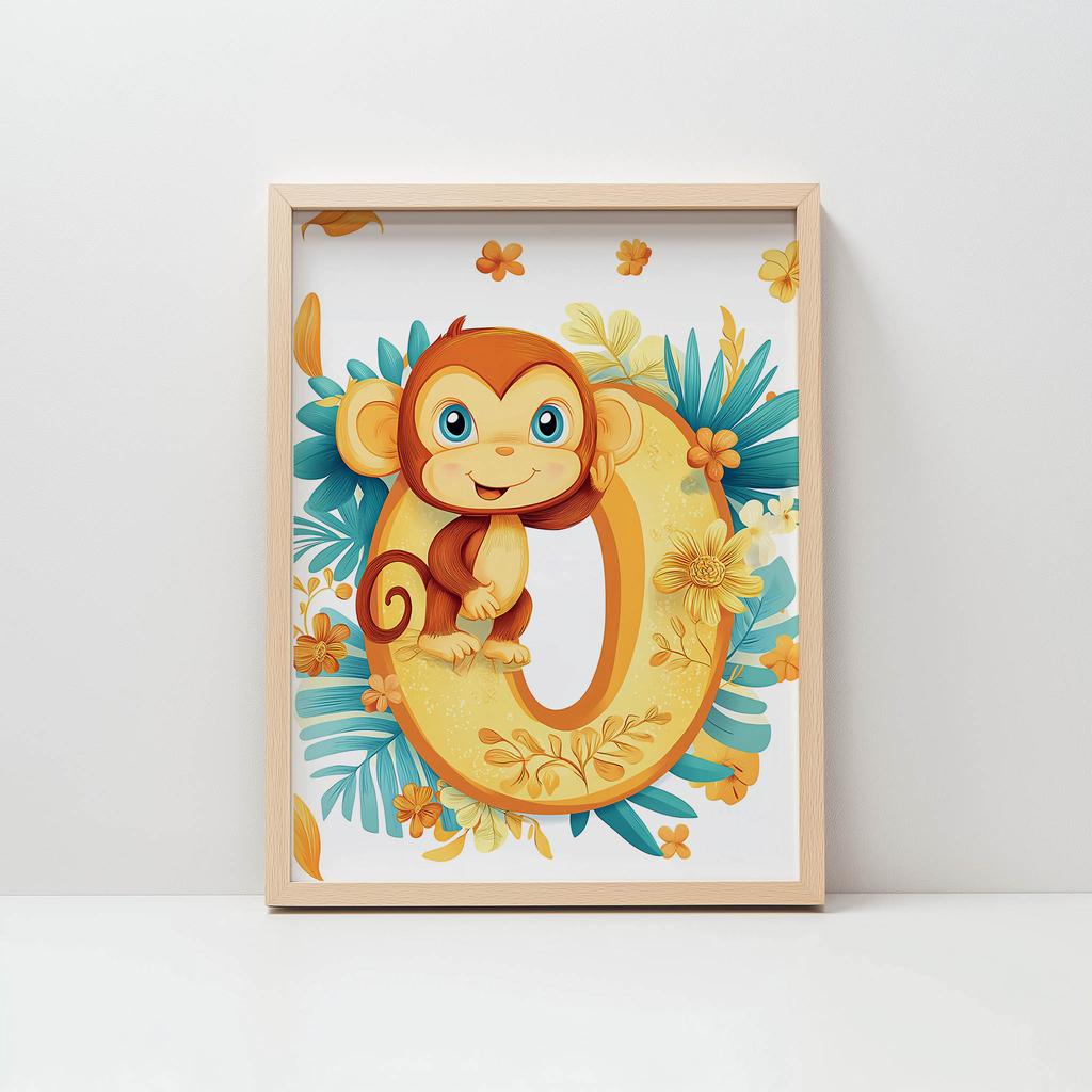 Poster Cheerful Monkey On The Letter "O Poster Cheerful Monkey On The Letter "O, 40X50 Cm, Gold Aluminum Frame, 230 Gsm Matte Paper
