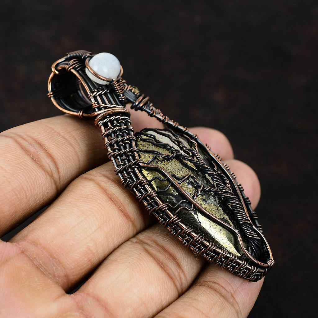 Древо жизни Пирит Драгоценный камень Подвеска Медная проволока Обернутая подвеска Медная проволока Ювелирные изделия Радужный лунный камень Ювелирные изделия Подарок для нее Дизайнерский кулон