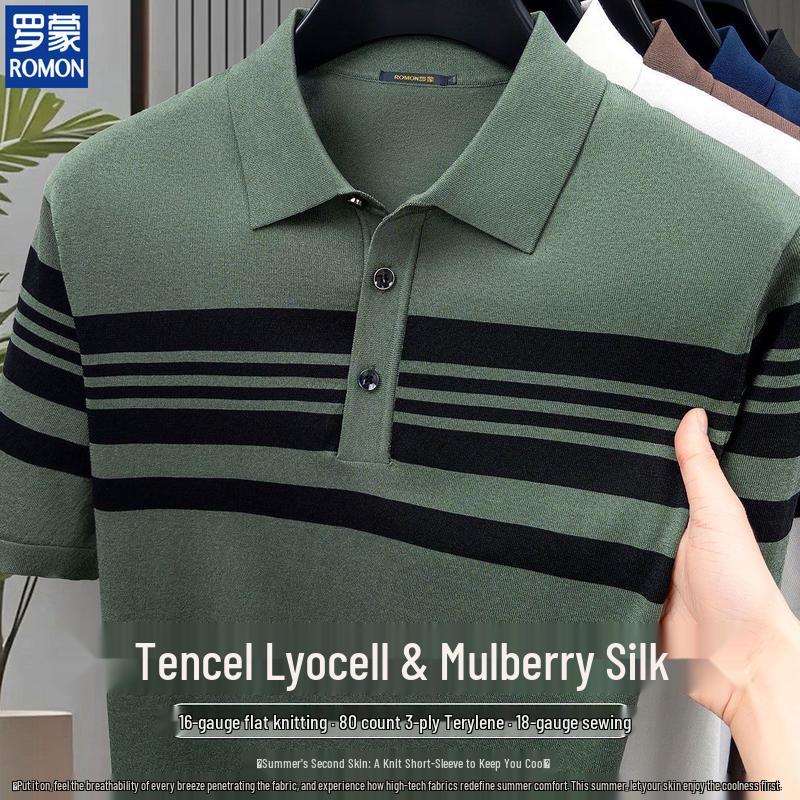 ROMON Men's Lyocell Silk Blend Striped Polo Shirt