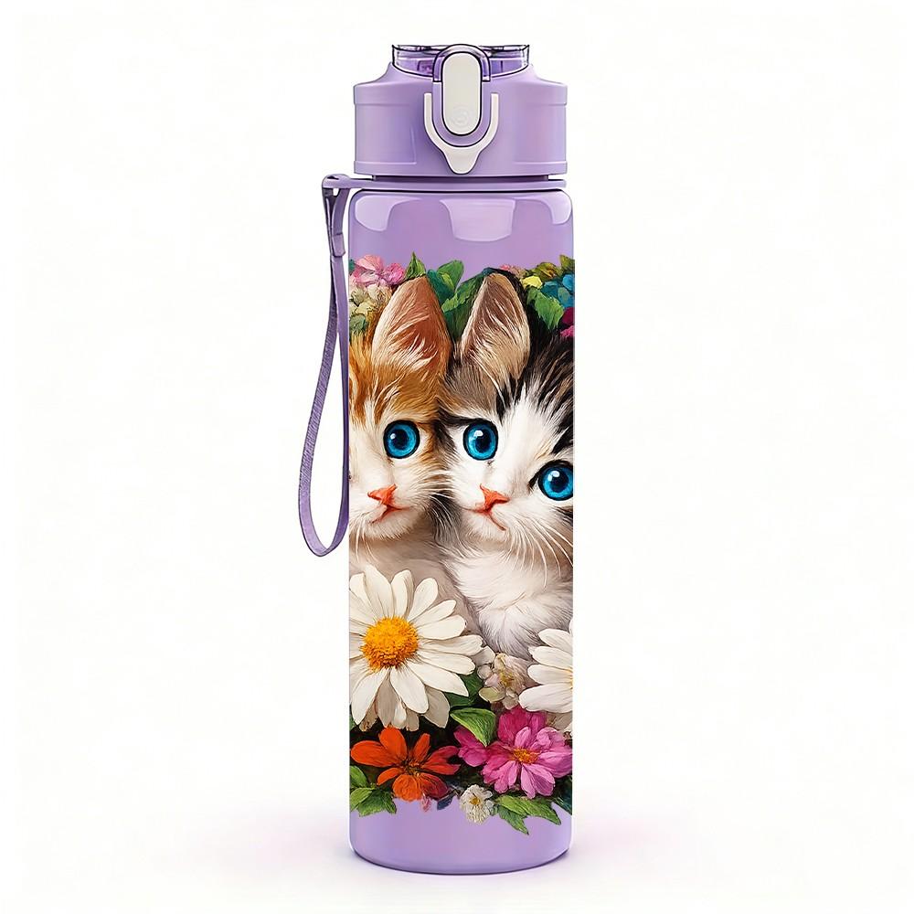 1PC Two Kittens Colorful Floral Print 750ml Color Plastic Sports Water Bottle Leakproof Flip Straw Lid Suitable for Sports Office Home Use