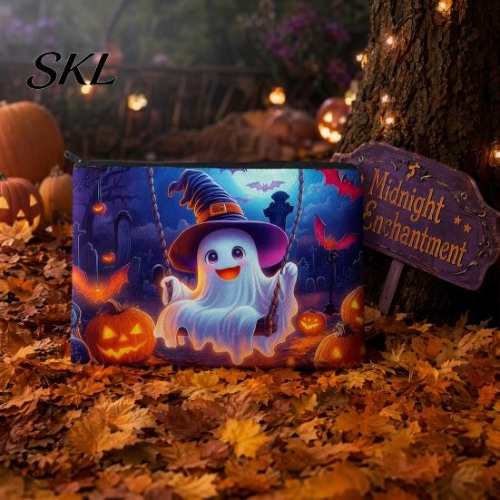 Portable Storage Bag Halloween Bag, with Colorful Cartoon Ghost Print, Durable Canvas Pouch Makeup Zipper Large Capacity Lightweight Travel