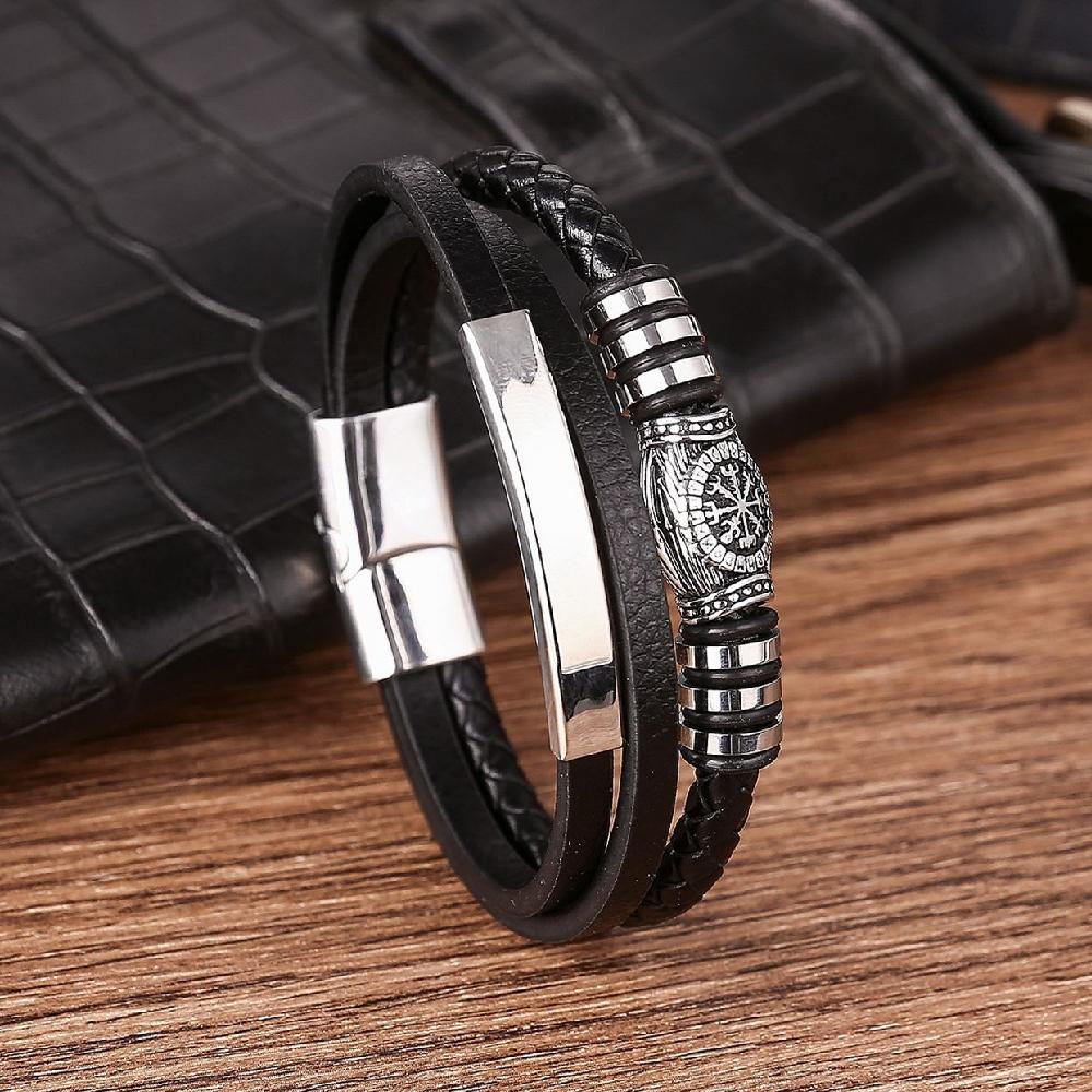 Viking Rune Compass Multi-layer Leather Bracelets Mens Stainless Steel Magnet Clasp Wristband Vintage Norse Male Amulet Jewelry