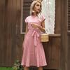 Women's Polka Dot Print Midi Dress Crewneck Short Sleeve A-Line Dress with Belt Summer
