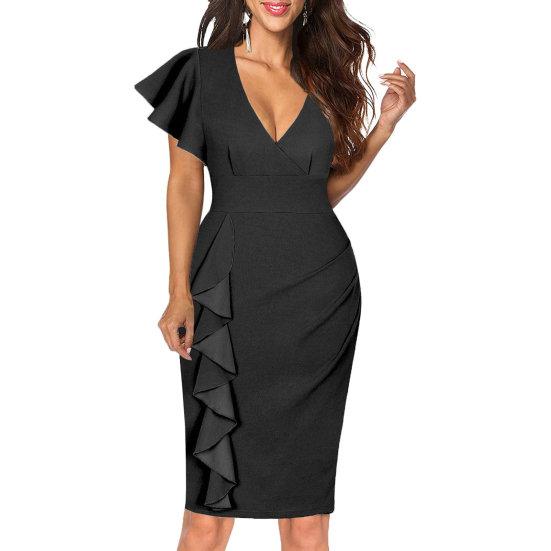 Женское летнее платье с V-образным вырезом и короткими рукавами с рюшами, однотонное, мягкое, плотное, с высокой талией, эластичное, OL, для поездок на работу, до колена, для вечеринки, клуба, формальное платье миди