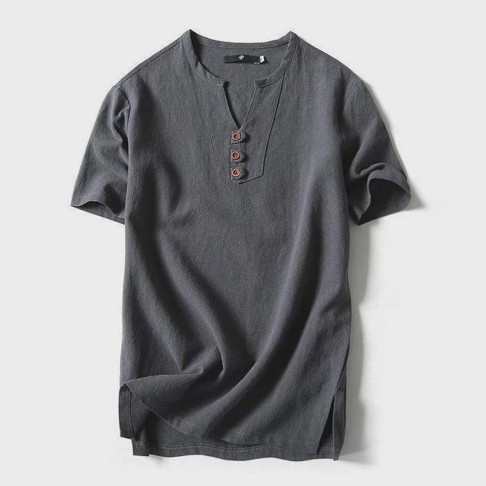 Men's Solid Color V-Neck Cotton Linen Short Sleeve T-Shirt with Buttons