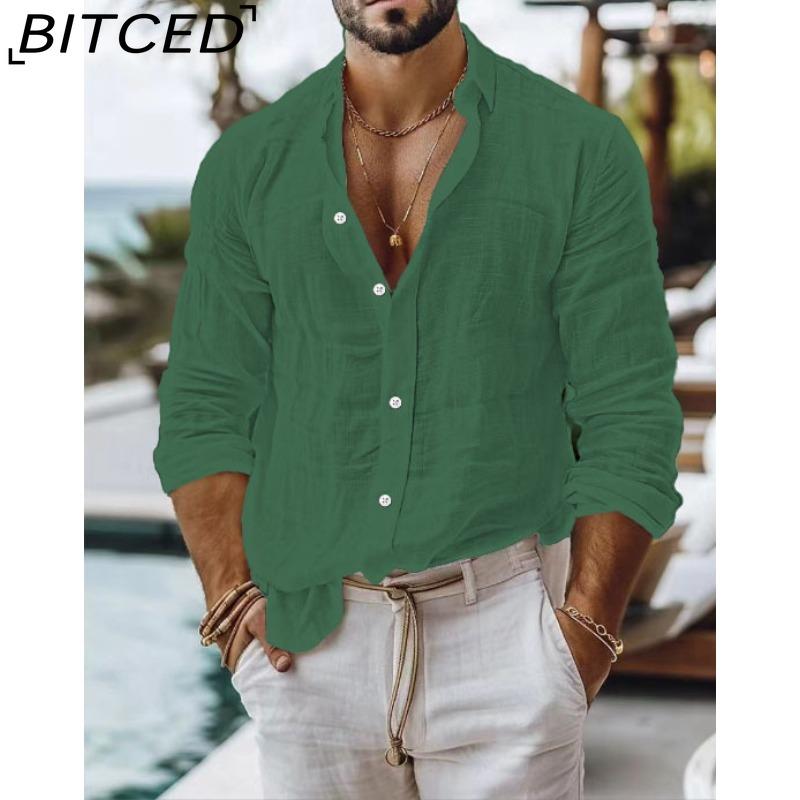 BITCED Мужская однотонная рубашка из смесовой хлопково-льняной ткани Повседневный стиль Рубашка с длинным рукавом Business Casual