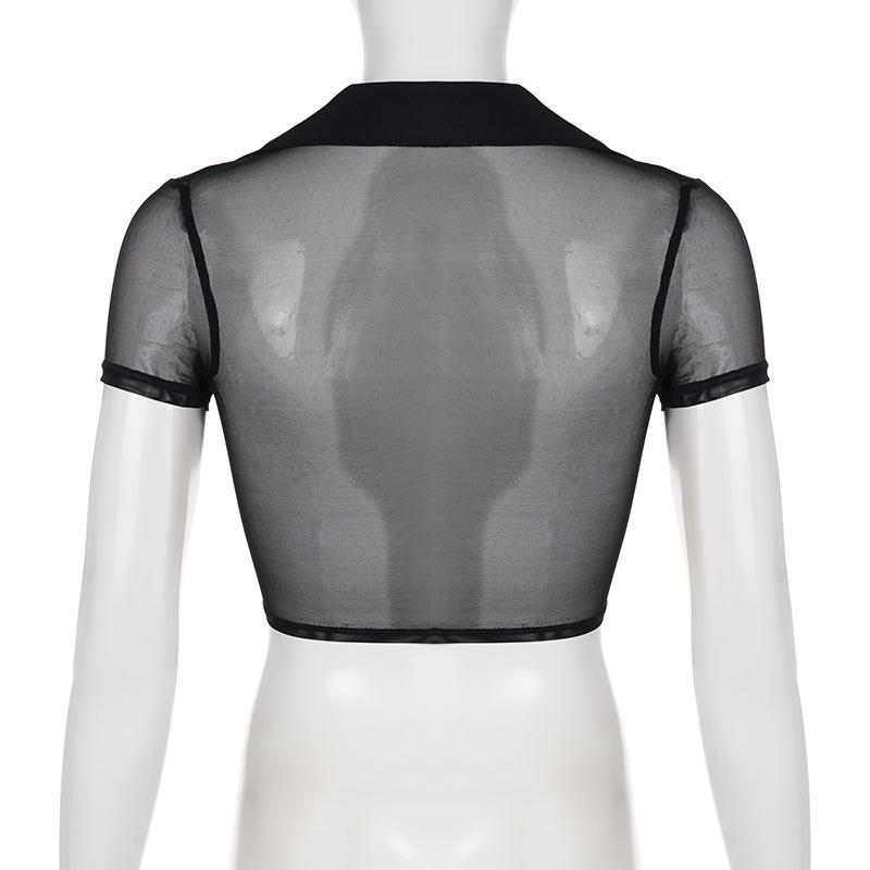 Сексуальная сетчатая футболка европейского стиля с V-образным вырезом и короткими рукавами - Женская летняя облегающая однотонная накидка с перекрутом