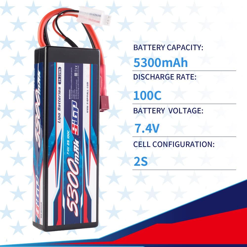 SIGP 2S 7.4V 5300mAh LiPo 100C T-Plug Hard Pack for RC Drones, Helicopters, Trucks, Truggys, FPV Racing, Two Packs