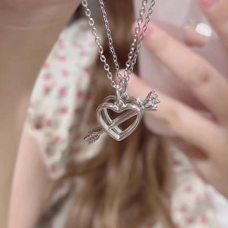 17KM Sweet Pink Zircon Pendant Necklace Heart Bow Chain Choker for Women Jewelry Accessories