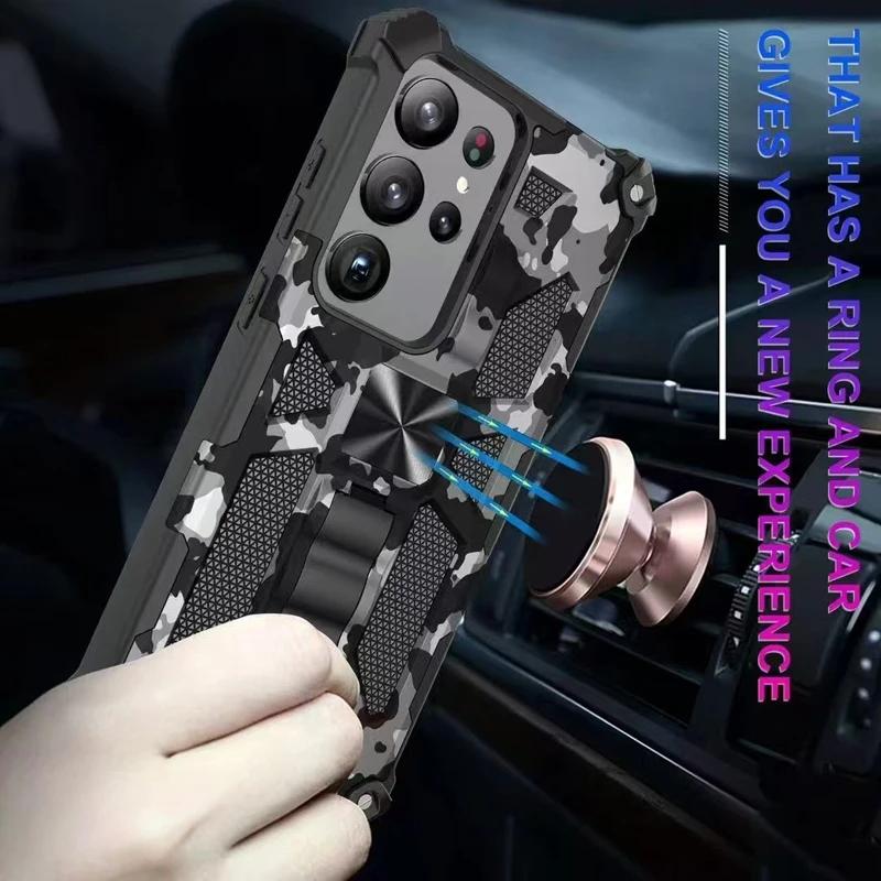 Военный Камуфляж Ударопрочный Чехол-Броня Для Samsung Galaxy S23 S24 FE S21 S25 ULTRA A56 A36 A26 A16 A06 Скрытая Подставка Чехол для Телефона