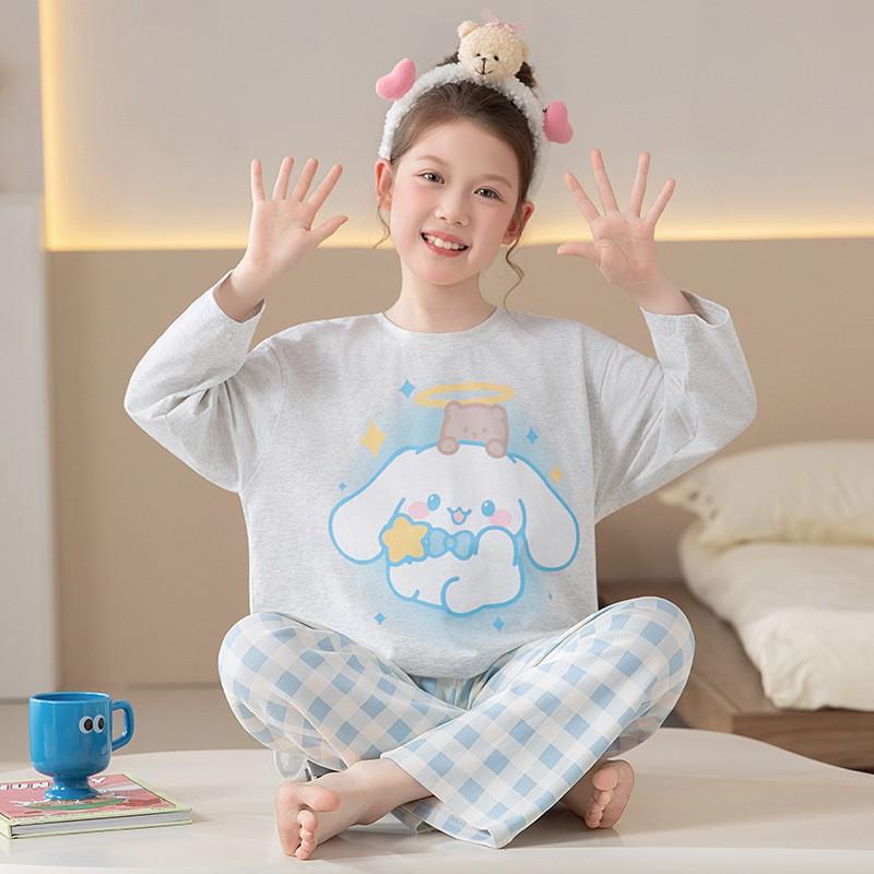 100% Cotton Long Sleeve Pajama Set Girls Cartoon Print Round Neck Comfortable Sleepwear Home Outfit