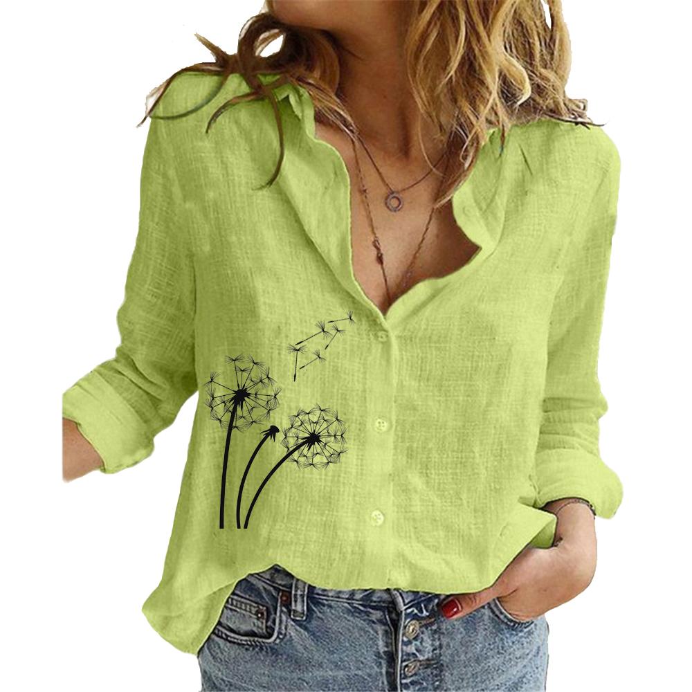 Women Fashion Cotton Linen Shirt Floral Print Long Sleeve Top Ladies Casual Stand-collar Buttoned Blouse