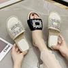 Shiny Diamond Metal Buckle Sandals 2024 Summer Women's New Flat Slippers Wear Casual Fashion Word Beach Shoes