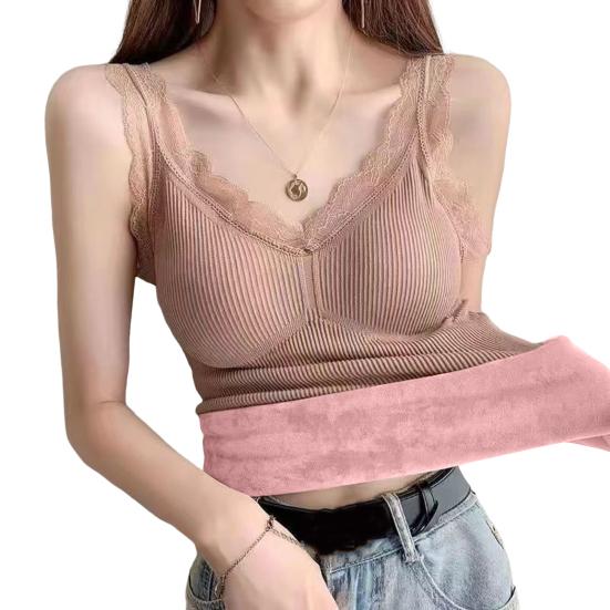 Women Thermal Vest Lace Trim Plush-lined V Neck Sleeveless Thread Solid Color Slim Fit Elastic with Chest Pads Layering