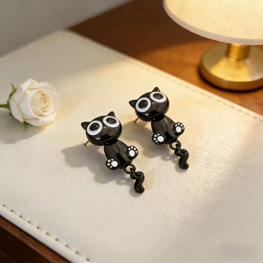 Sweet Black Cat Drop Earrings Alloy Light Luxury Earrings Black Kitten Earrings For Girl Women