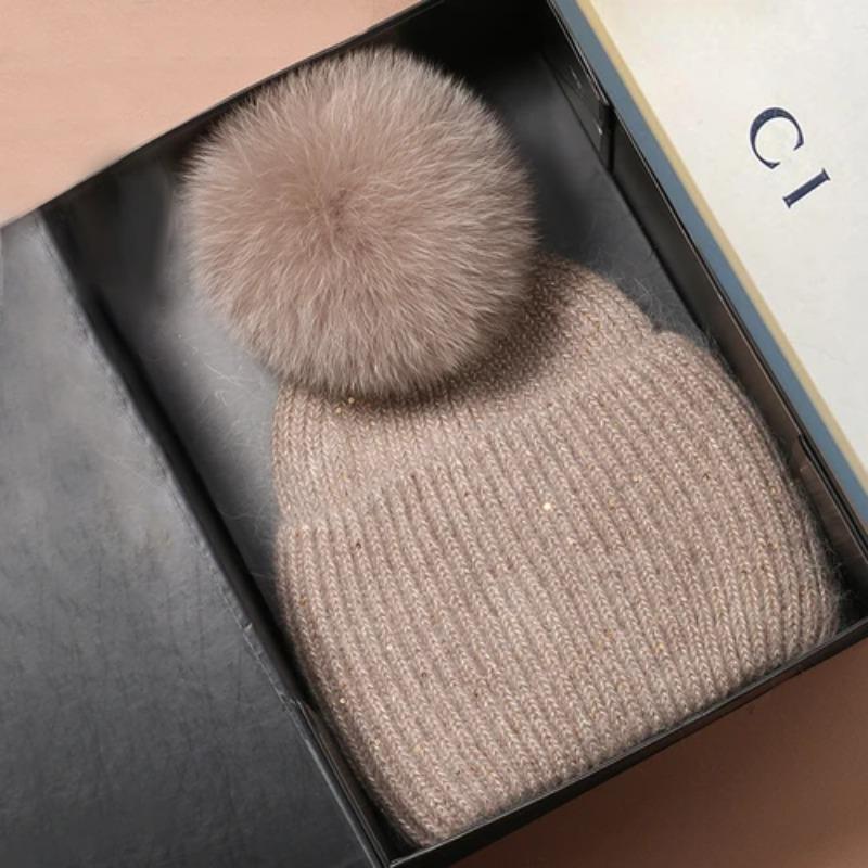 Женские белые розовые шапки с помпонами из натурального меха лисы для женщин, зимние теплые шапки-бини из ангольской шерсти, милые шапки-бини из шерсти для лыж