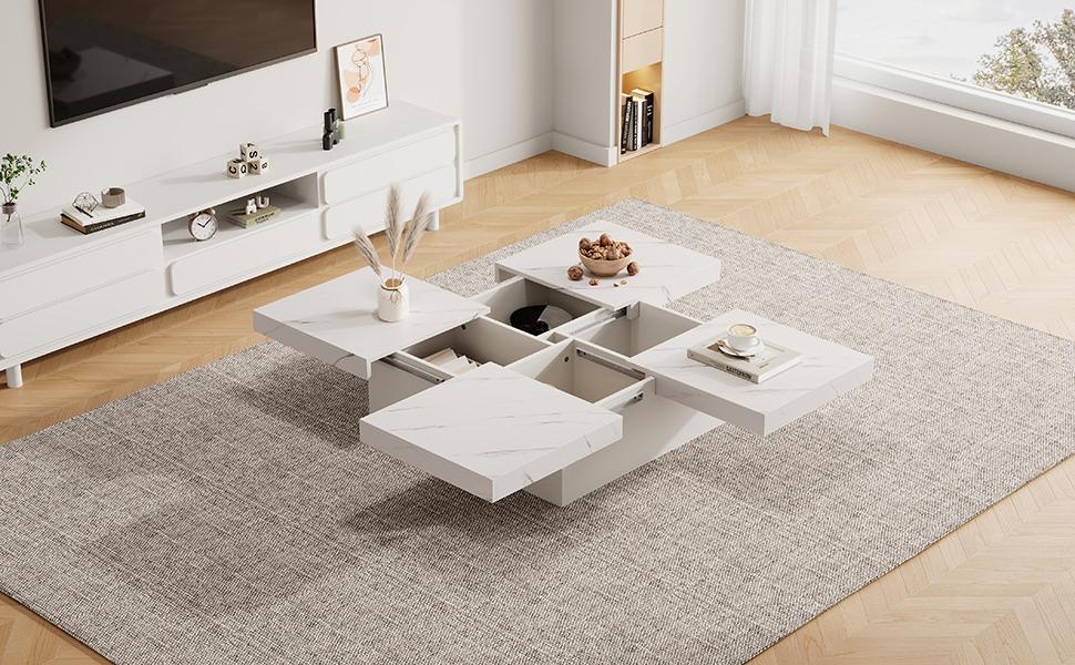 Modern White Square Coffee Table with Marble Look, 90 x 90 x 25 cm – Four Drawers, Sliding Tabletop, Load Capacity up to 30 kg
