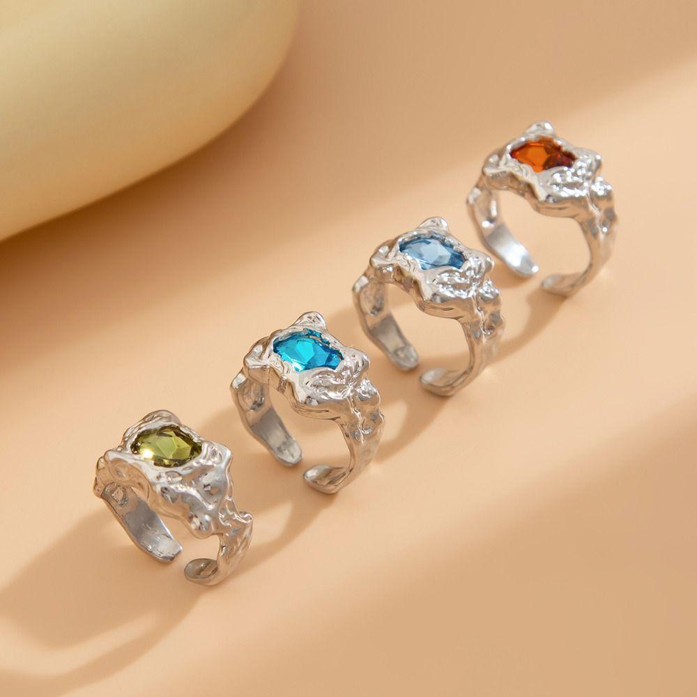 4 pcs Crystal Bracelets Zircon Pleated Open Ring Colorful Vintage Ring Set Girls