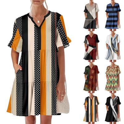 Женское летнее платье с коротким рукавом и V-образным вырезом, короткие платья, модное повседневное струящееся платье в стиле бохо с оборками и карманами
