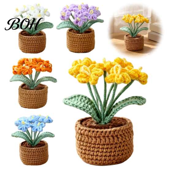Small Space Decoration Accessories Crocheted Flower Potted Plant, Artificial Yarn Ornament, Vibrant Multi-color No Maintenance Fake Flowers