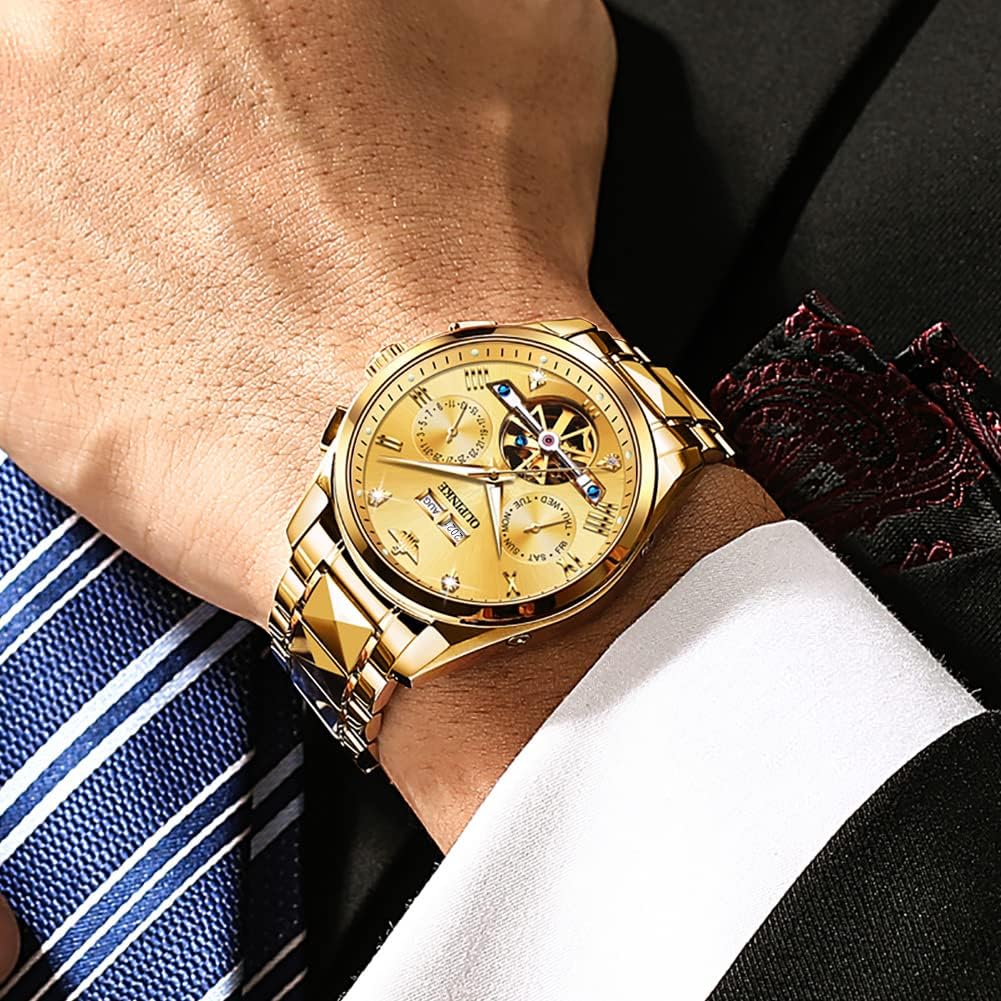OUPINKE Automatic Business Watch with Mechanical Automatic Manual Hollow Men's Movement, Waterproof, Calendar, & Winding, Dial, Gold…