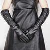 Winter Women PU Leather Pleated Pile Sleeve Touch Screen Gloves Sexy Silk Lining 50cm Long Full Finger Warm Driving Mitten