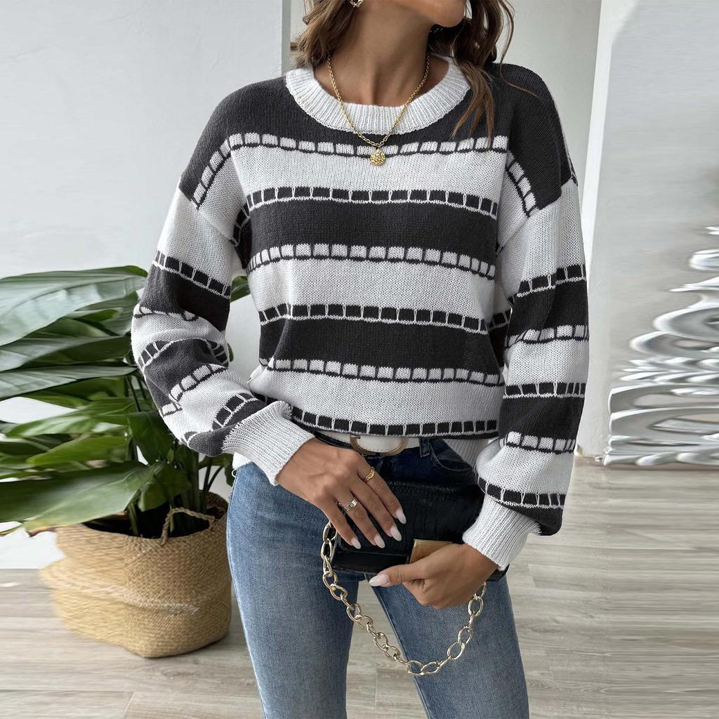 Women's Clashing Patchwork Stripe Colour Block Pullover Sweater Bottom Sweater