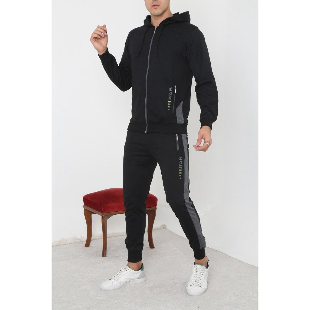 Мужской черный спортивный костюм на молнии с резиновыми штанинами