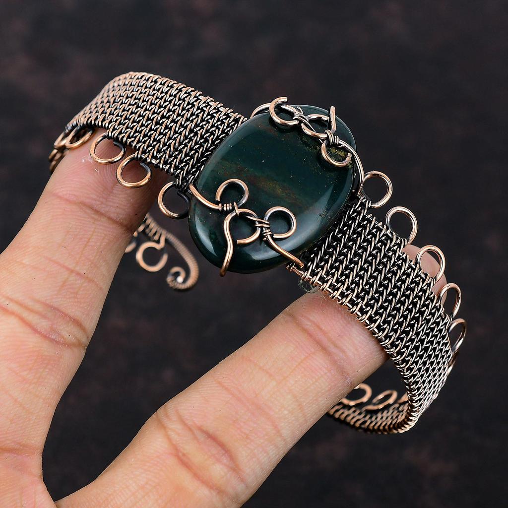 Браслет из медной проволоки с кровавым камнем, браслет-манжета ручной работы, браслет из натурального драгоценного камня, браслет из медной проволоки, подарок для нее, регулируемый браслет