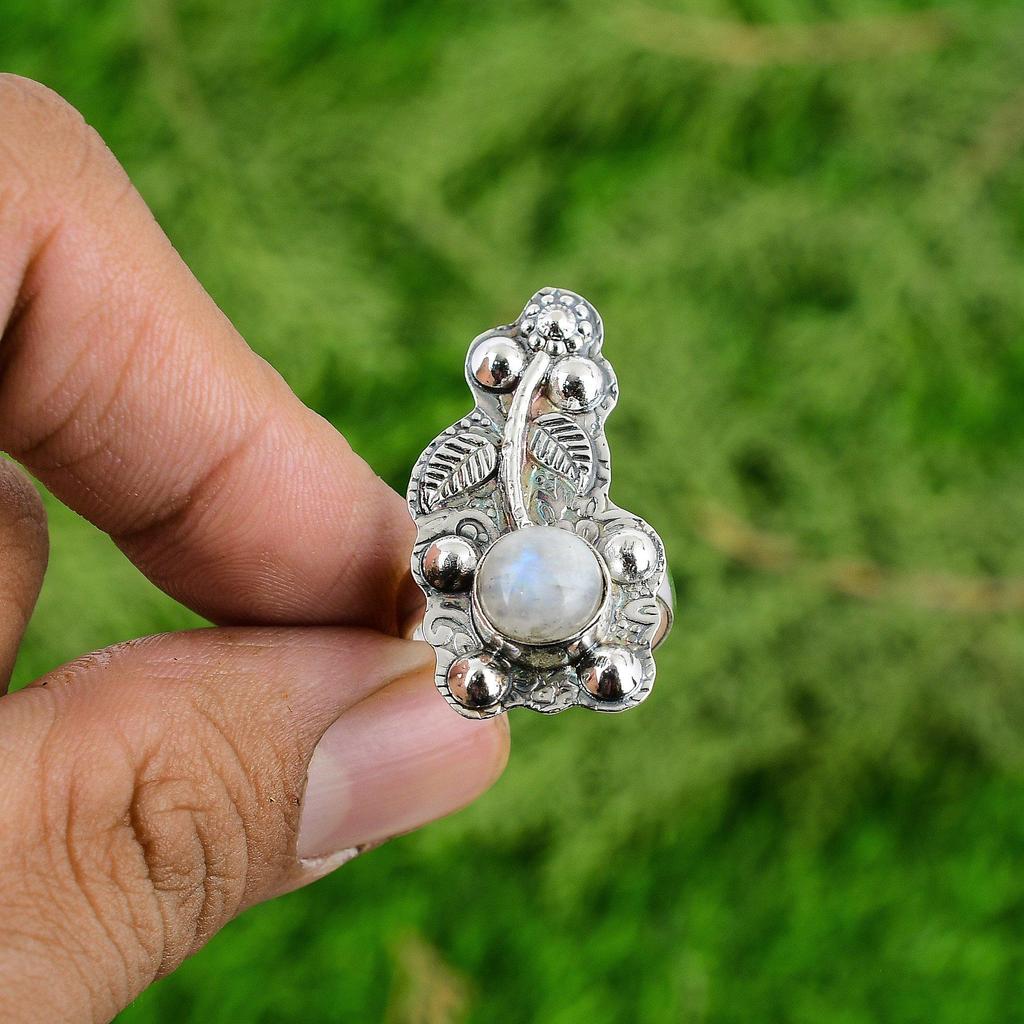 Sterling Silver Round Rainbow Moonstone Stone Engagement Flower Daughter Ring