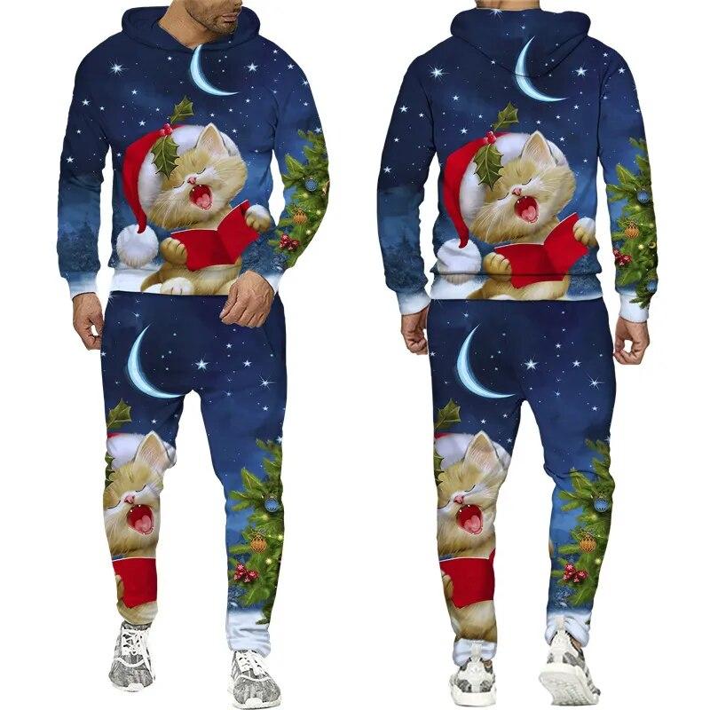 Новые мужские/женские забавные худи/брюки/костюм с 3D принтом Санта-Клауса, спортивный костюм, модные наряды для пар, мужские спортивные костюмы для рождественской вечеринки