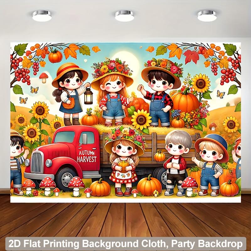 2D plane, 1 scene of children playing joyfully under a harvest red truck, suitable for family parties, weddings, and bir
