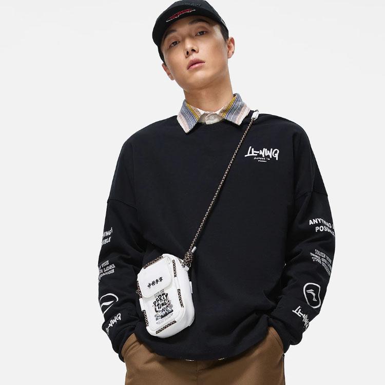 Li-Ning Футболка с круглым вырезом и длинным рукавом с буквенным принтом, мужские топы, черные AHST557-2