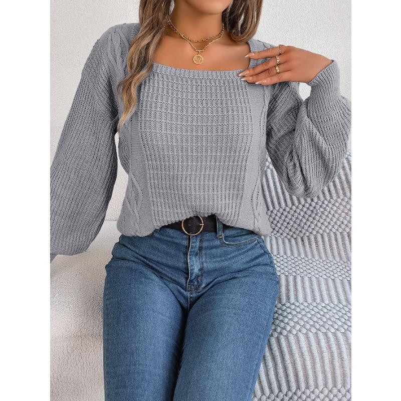 Женский осенне-зимний повседневный однотонный вязаный свитер с квадратным вырезом и рукавами-фонариками