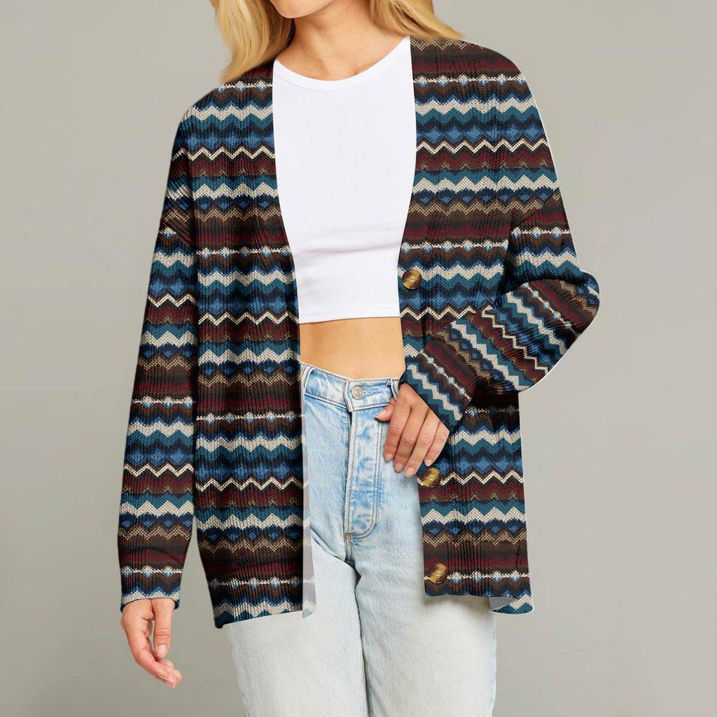 Женский модный кардиган с длинным рукавом, V-образным вырезом, на пуговицах, свободного кроя, с рождественским принтом