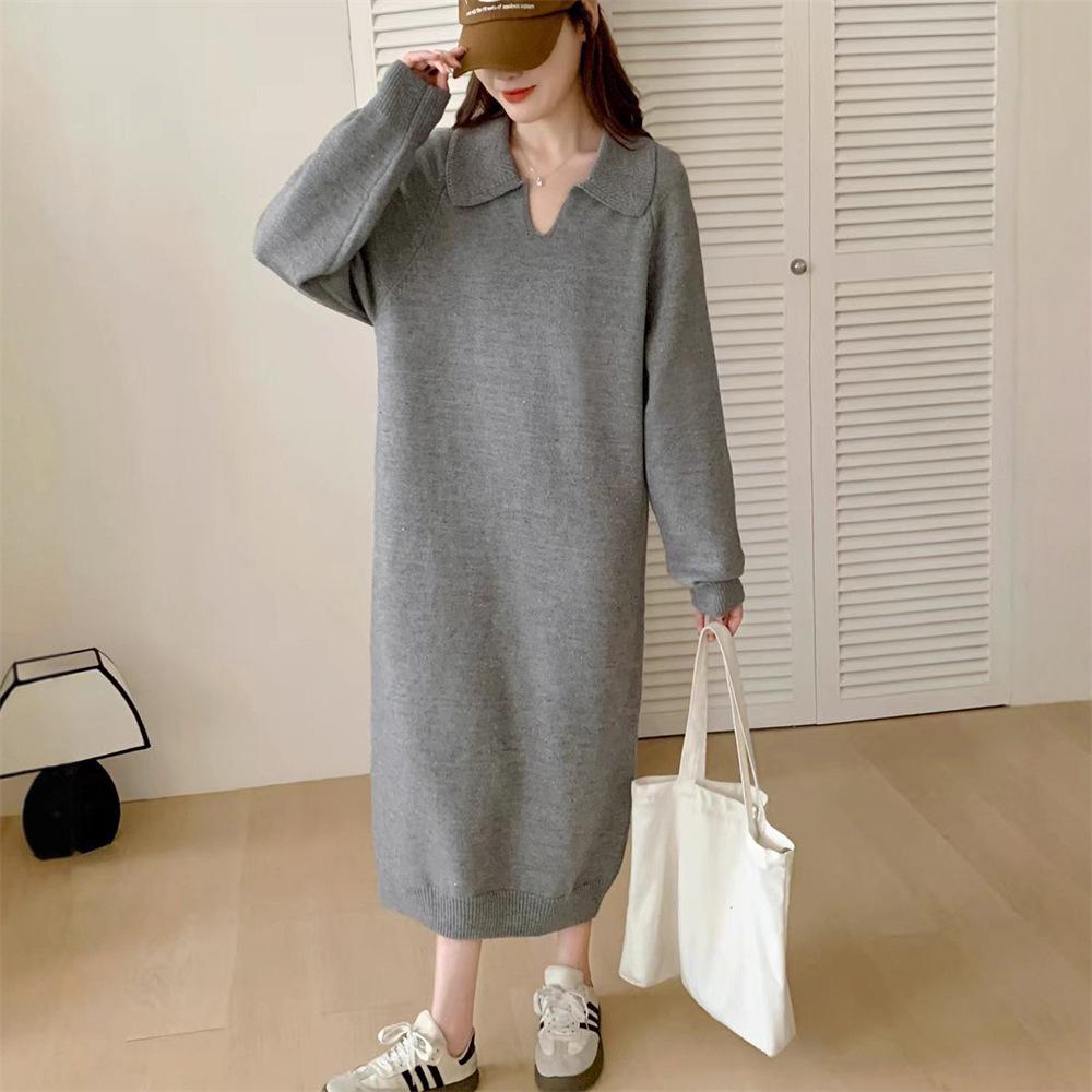 Длинное вязаное платье для женской осени и зимы, новое, свободное и ленивое, с воротником поло, с подкладкой-пальто, платье-свитер для женщин