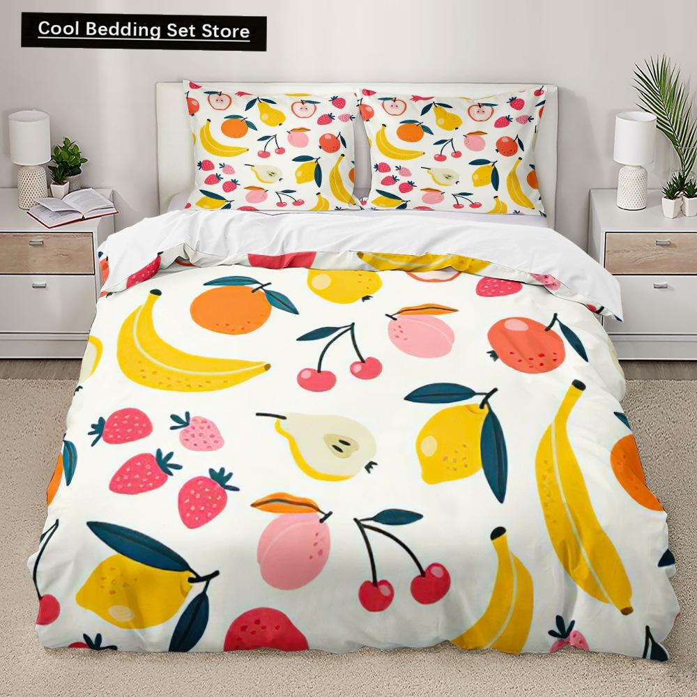 Cartoon Fruit King Queen Duvet Cover Summer Tropical Fruit Bedding Set for Boy Girl Banana Pear Red 2/3pcs Polyester Quilt Cover